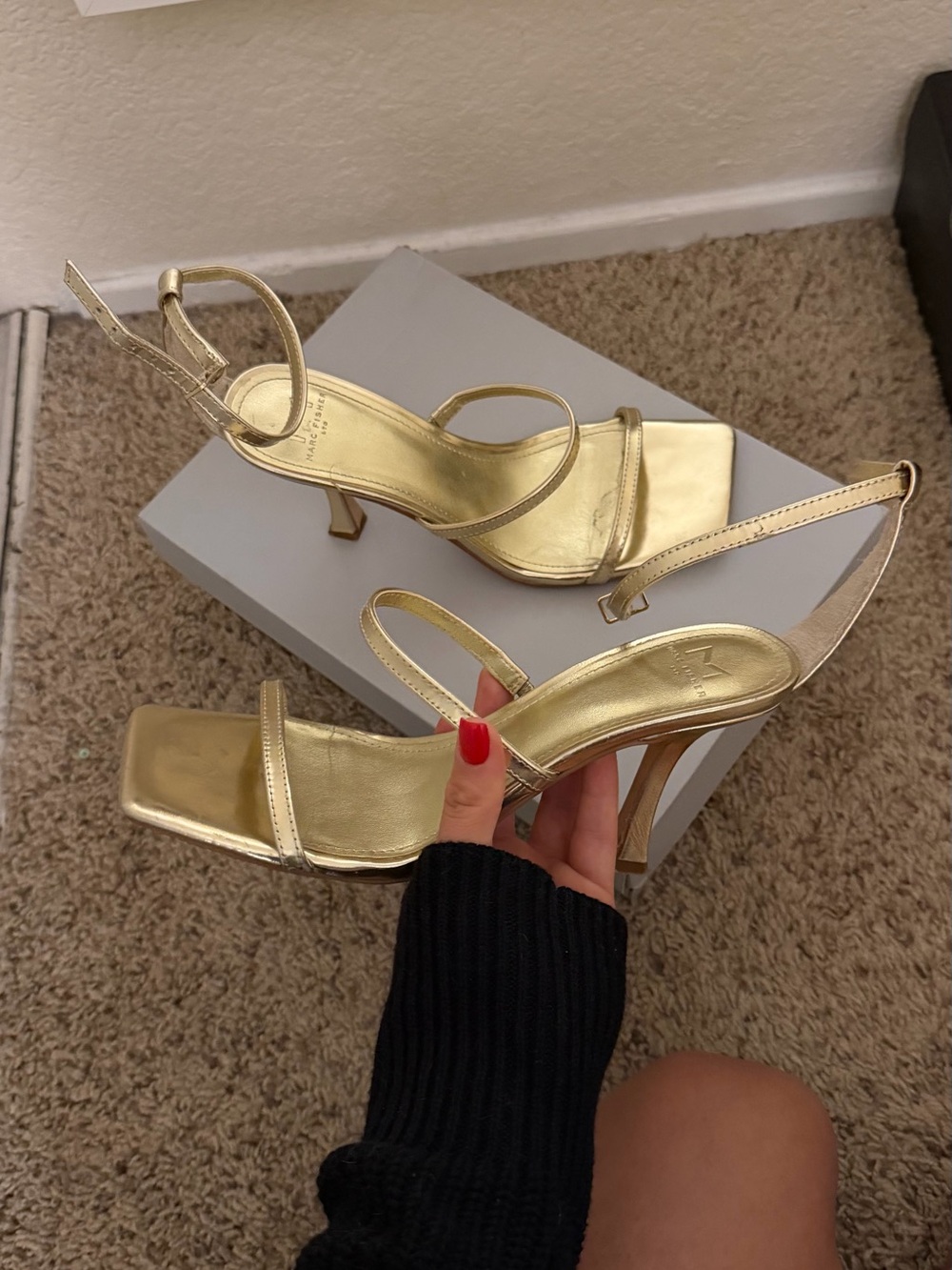 Marc Fisher Metallic Gold Strappy Square-Toe Heels
